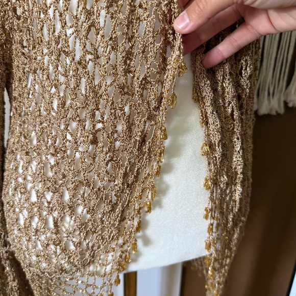 NY Collection Gold Crochet Fringe Beaded Open Cardigan / Size 2x - Picture 10 of 12